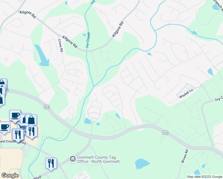 map of restaurants, bars, coffee shops, grocery stores, and more near 2396 Bellyard Drive in Buford