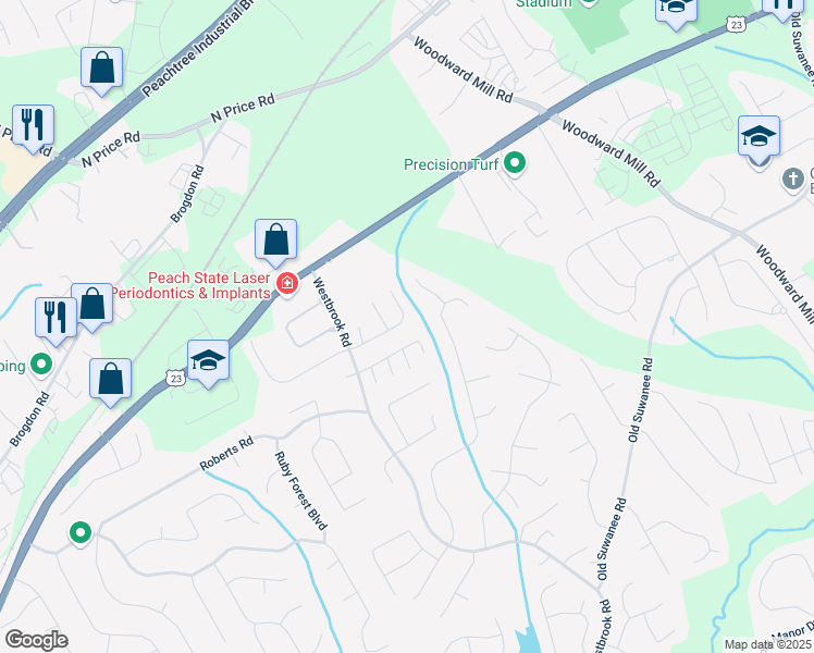 map of restaurants, bars, coffee shops, grocery stores, and more near 587 Bridgeton Cove Northeast in Suwanee