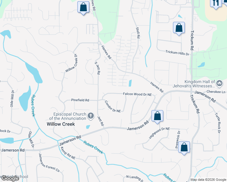 map of restaurants, bars, coffee shops, grocery stores, and more near 1861 Falconwood Drive in Marietta