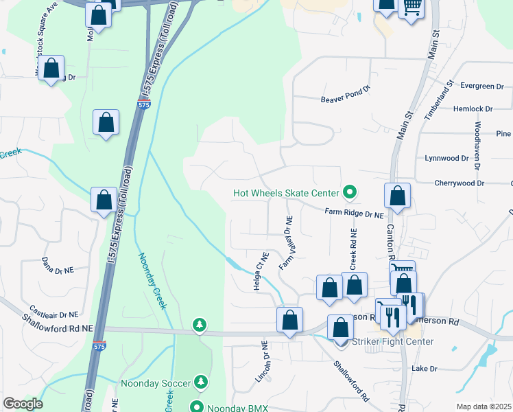 map of restaurants, bars, coffee shops, grocery stores, and more near 336 Farm Place Court Northeast in Woodstock