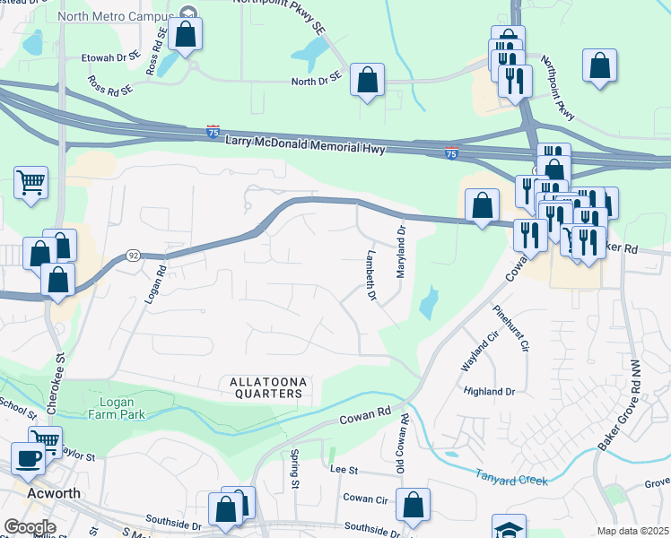 map of restaurants, bars, coffee shops, grocery stores, and more near 5083 Lambeth Court in Acworth