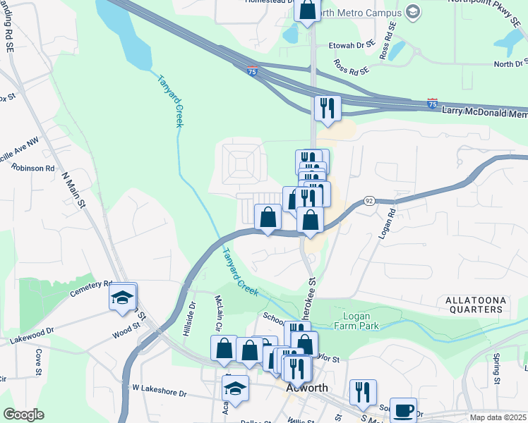 map of restaurants, bars, coffee shops, grocery stores, and more near 5105 Deepwater Cove in Acworth