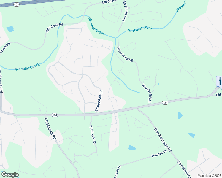 map of restaurants, bars, coffee shops, grocery stores, and more near 1351 Ashbury Park Drive Northeast in Hoschton