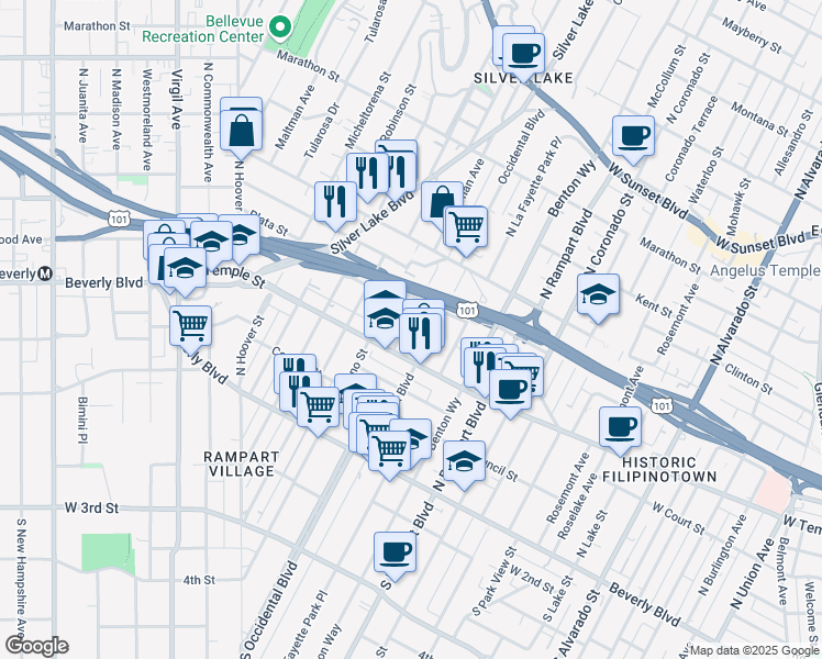 map of restaurants, bars, coffee shops, grocery stores, and more near 328 Parkman Avenue in Los Angeles