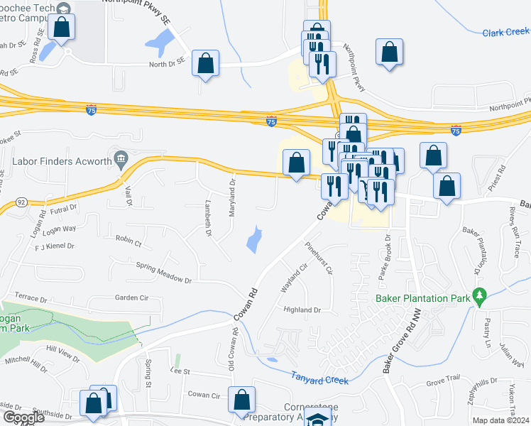 map of restaurants, bars, coffee shops, grocery stores, and more near 5112 Acworth Landing Drive in Acworth