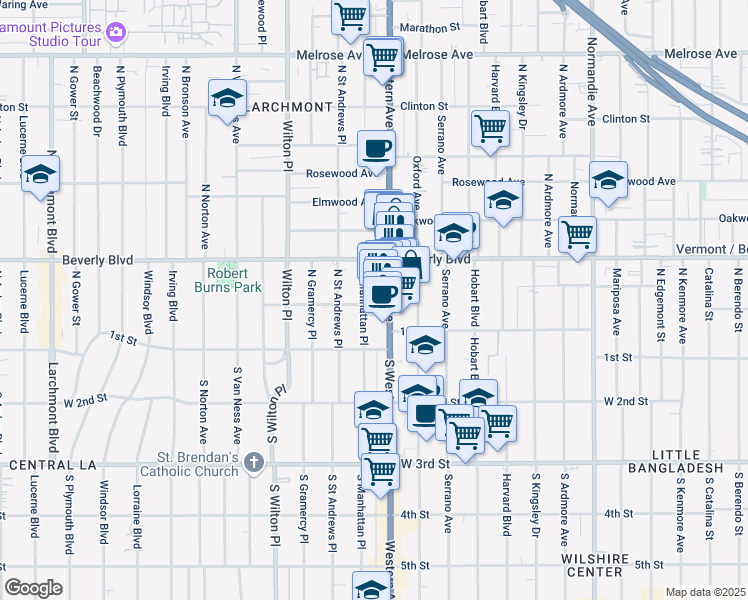 map of restaurants, bars, coffee shops, grocery stores, and more near 233 North Western Avenue in Los Angeles