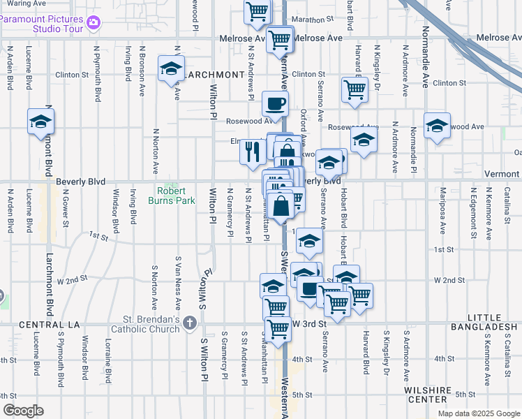 map of restaurants, bars, coffee shops, grocery stores, and more near 201 North Manhattan Place in Los Angeles