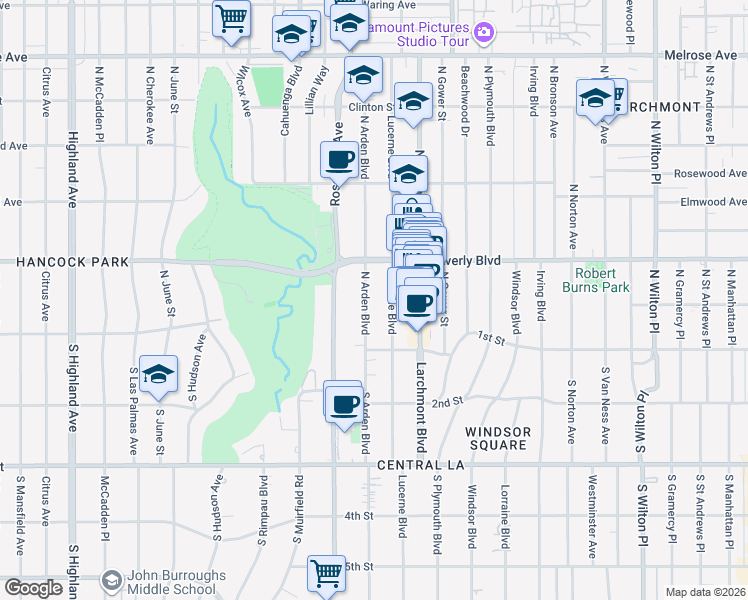 map of restaurants, bars, coffee shops, grocery stores, and more near 227n North Arden Boulevard in Los Angeles