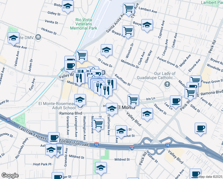 map of restaurants, bars, coffee shops, grocery stores, and more near 3649 Tyler Avenue in El Monte