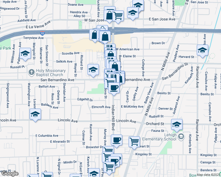 map of restaurants, bars, coffee shops, grocery stores, and more near in Pomona