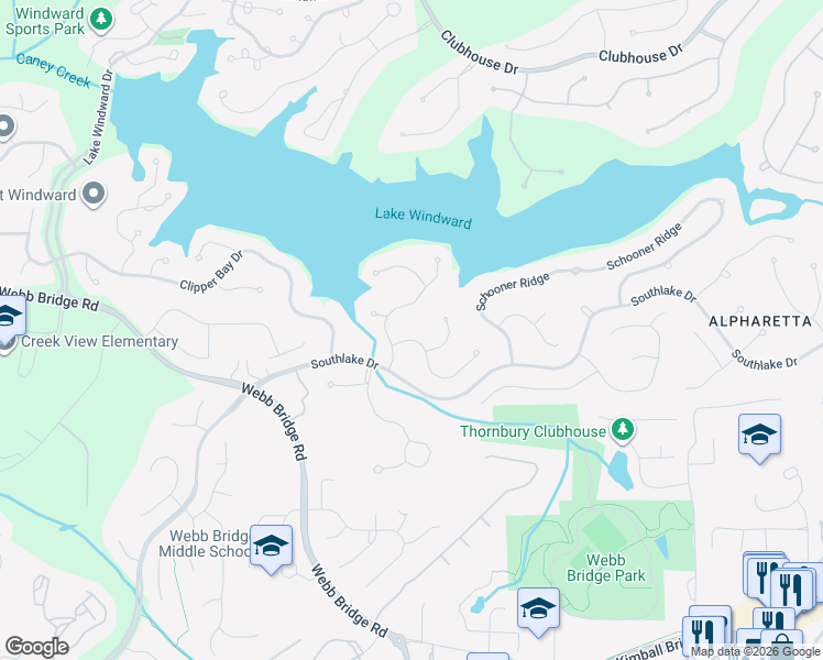 map of restaurants, bars, coffee shops, grocery stores, and more near 222 Cutty Sark Way in Alpharetta