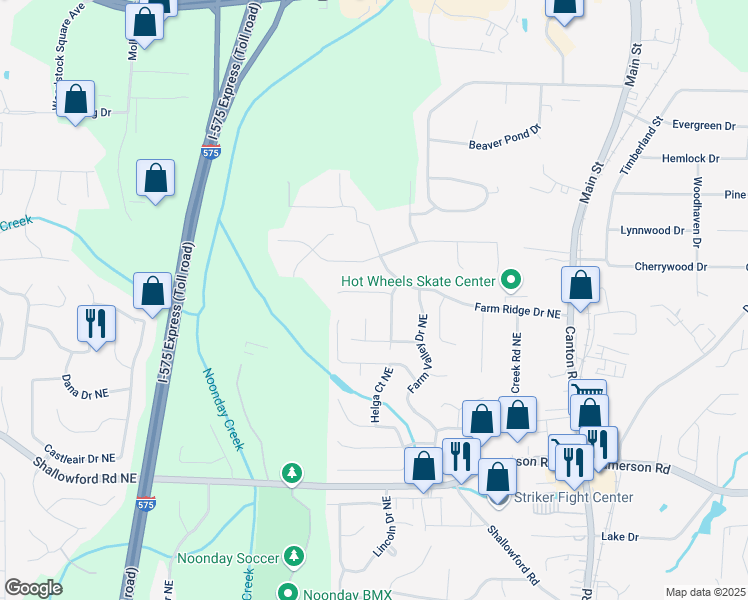 map of restaurants, bars, coffee shops, grocery stores, and more near 336 Farm Place Court Northeast in Woodstock