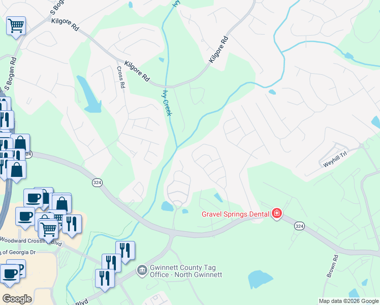 map of restaurants, bars, coffee shops, grocery stores, and more near 3482 Brockenhurst Drive in Buford