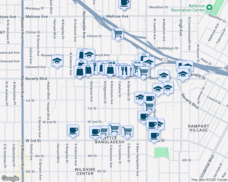 map of restaurants, bars, coffee shops, grocery stores, and more near 237 North Catalina Street in Los Angeles