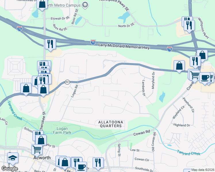map of restaurants, bars, coffee shops, grocery stores, and more near 4022 Snowshoe Court in Acworth