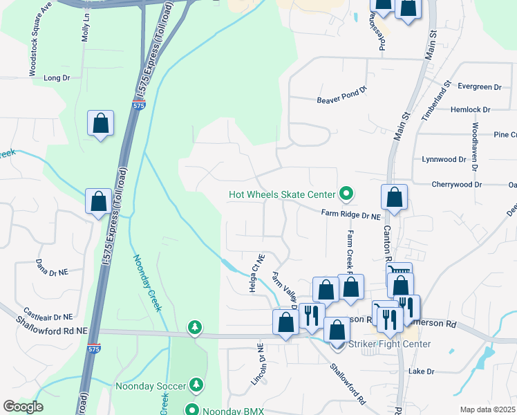 map of restaurants, bars, coffee shops, grocery stores, and more near 321 Farm Place Court Northeast in Woodstock