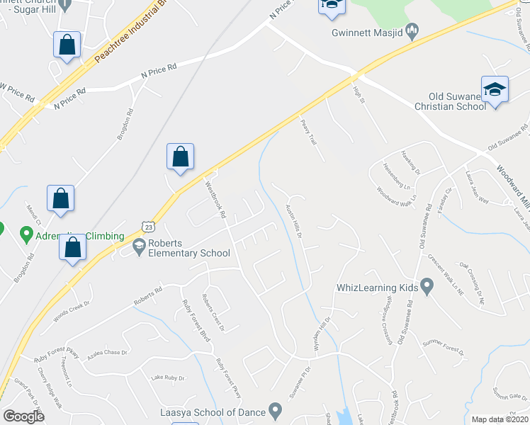 map of restaurants, bars, coffee shops, grocery stores, and more near 587 Bridgeton Cove Northeast in Suwanee