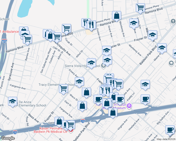 map of restaurants, bars, coffee shops, grocery stores, and more near Francisquito Ave & Frazier St in Baldwin Park