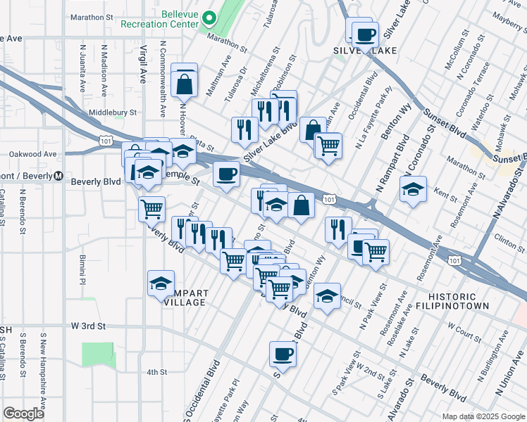 map of restaurants, bars, coffee shops, grocery stores, and more near 324 North Vendome Street in Los Angeles