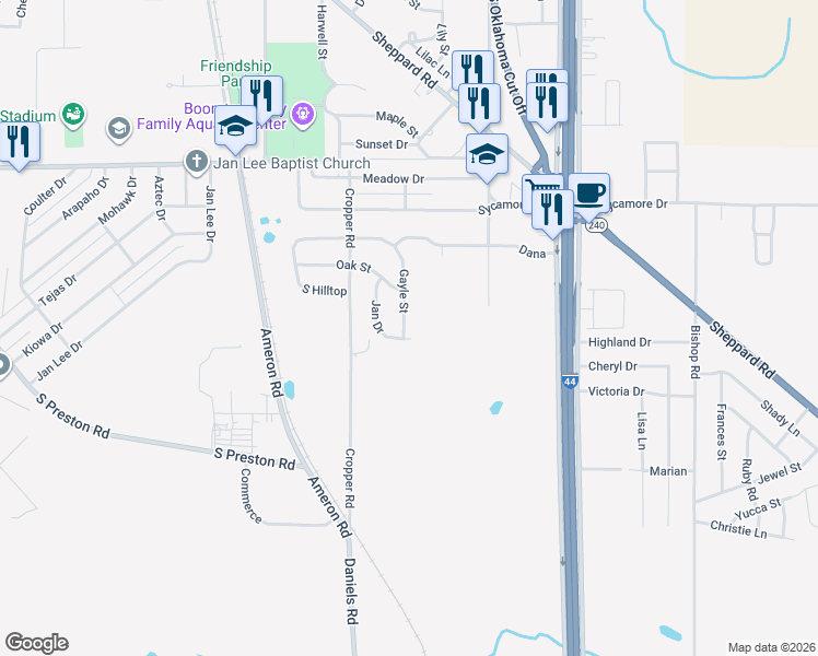 map of restaurants, bars, coffee shops, grocery stores, and more near 721 Gayle Street in Burkburnett
