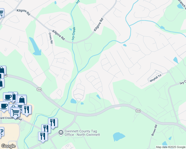 map of restaurants, bars, coffee shops, grocery stores, and more near 2396 Bellyard Drive in Buford