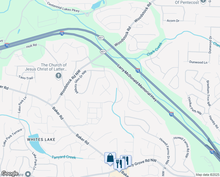 map of restaurants, bars, coffee shops, grocery stores, and more near 5080 Abbotts Glen Way Northwest in Acworth