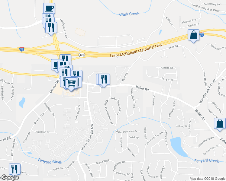 map of restaurants, bars, coffee shops, grocery stores, and more near 4958 Baker Plantation Drive in Acworth
