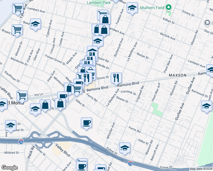 map of restaurants, bars, coffee shops, grocery stores, and more near 11697 Ramona Boulevard in El Monte