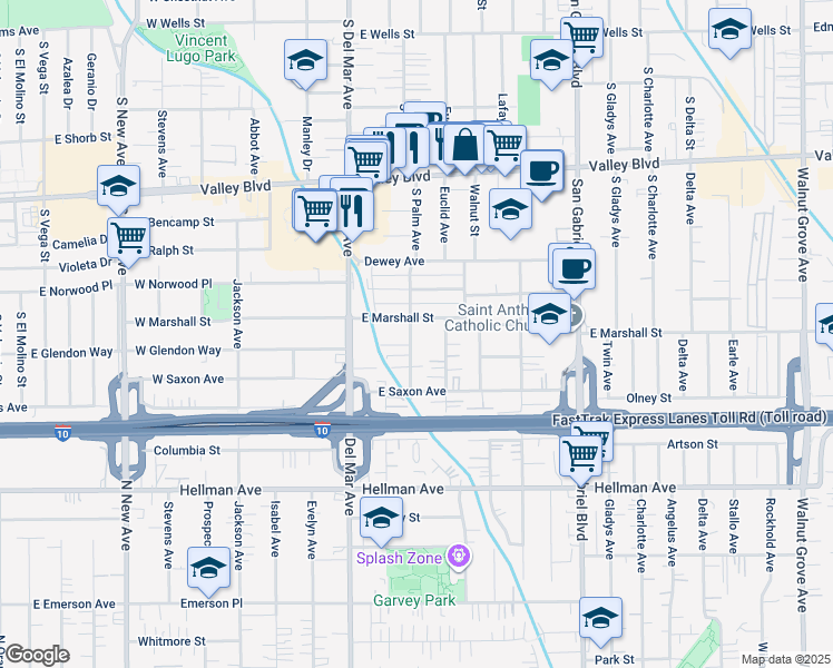 map of restaurants, bars, coffee shops, grocery stores, and more near 1906 Strathmore Avenue in San Gabriel