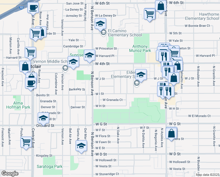 map of restaurants, bars, coffee shops, grocery stores, and more near 1435 West Berkeley Court in Ontario