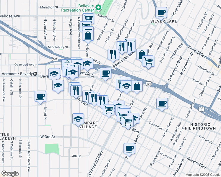 map of restaurants, bars, coffee shops, grocery stores, and more near 246 North Dillon Street in Los Angeles