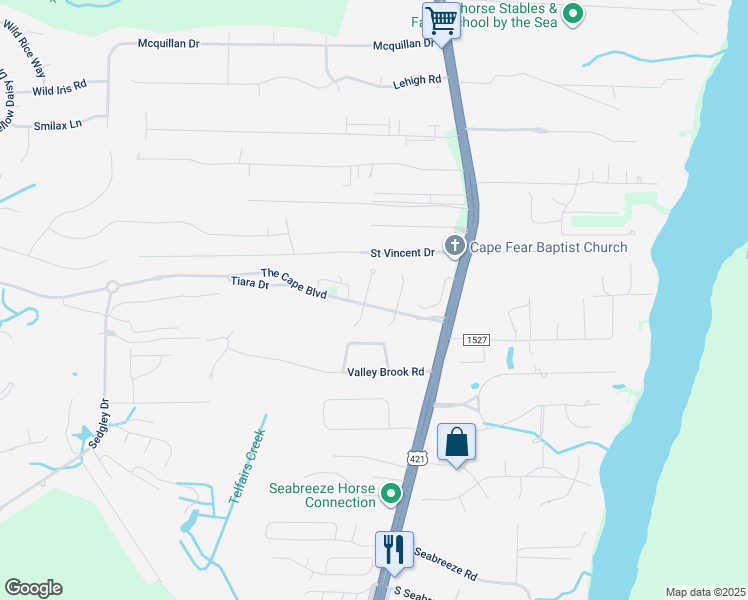 map of restaurants, bars, coffee shops, grocery stores, and more near 8119 Mainsail Lane in Wilmington