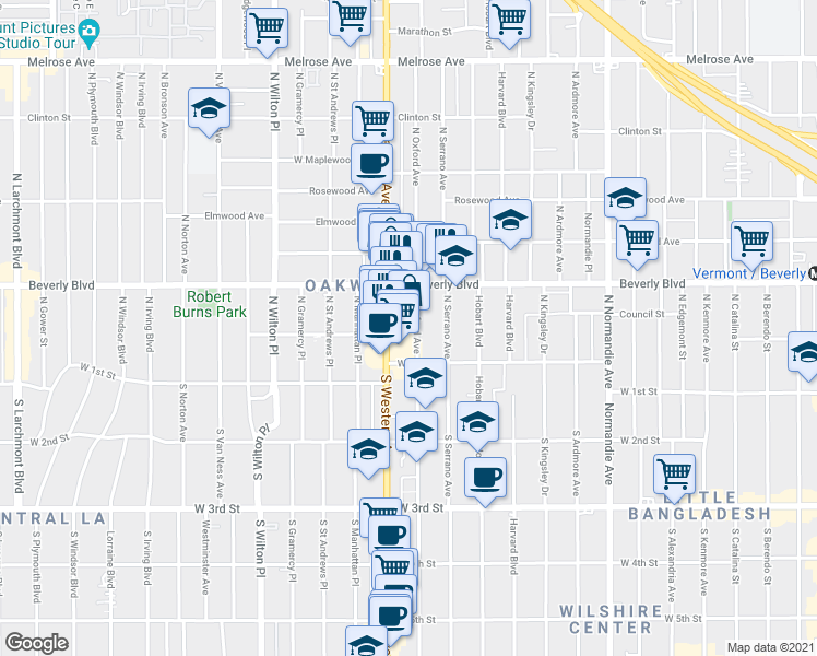 map of restaurants, bars, coffee shops, grocery stores, and more near in Los Angeles