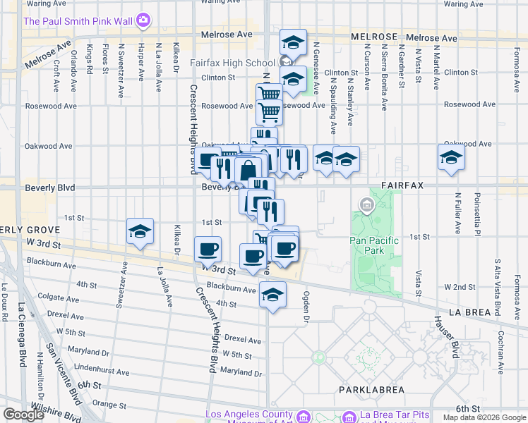 map of restaurants, bars, coffee shops, grocery stores, and more near 115 North Fairfax Avenue in Los Angeles