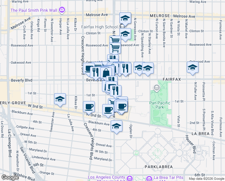 map of restaurants, bars, coffee shops, grocery stores, and more near in Los Angeles