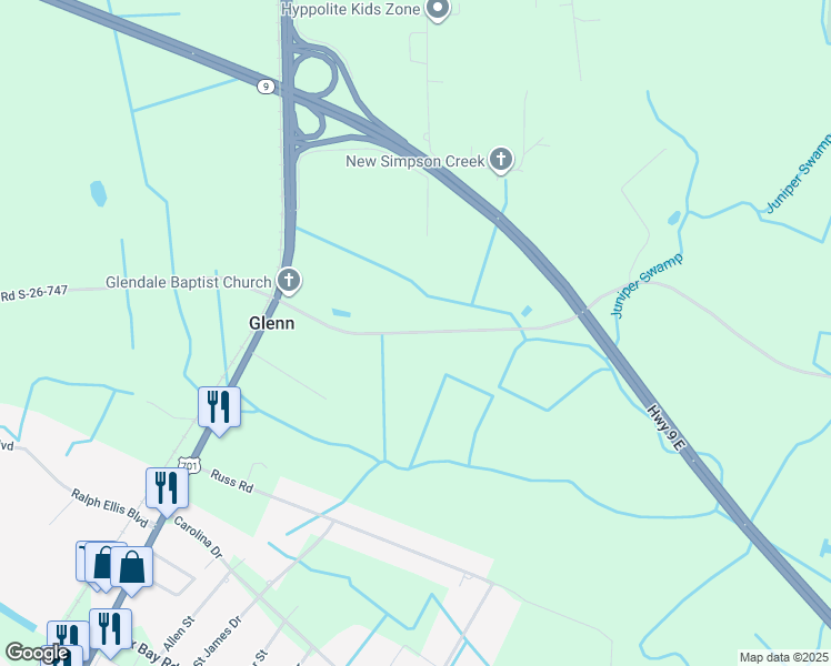 map of restaurants, bars, coffee shops, grocery stores, and more near 251 State Highway 747 in Loris