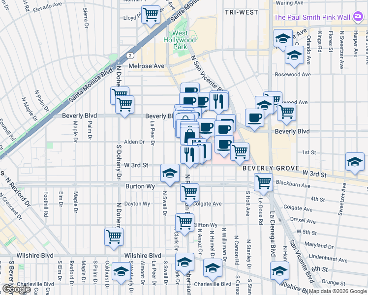 map of restaurants, bars, coffee shops, grocery stores, and more near 100 North Clark Drive in West Hollywood