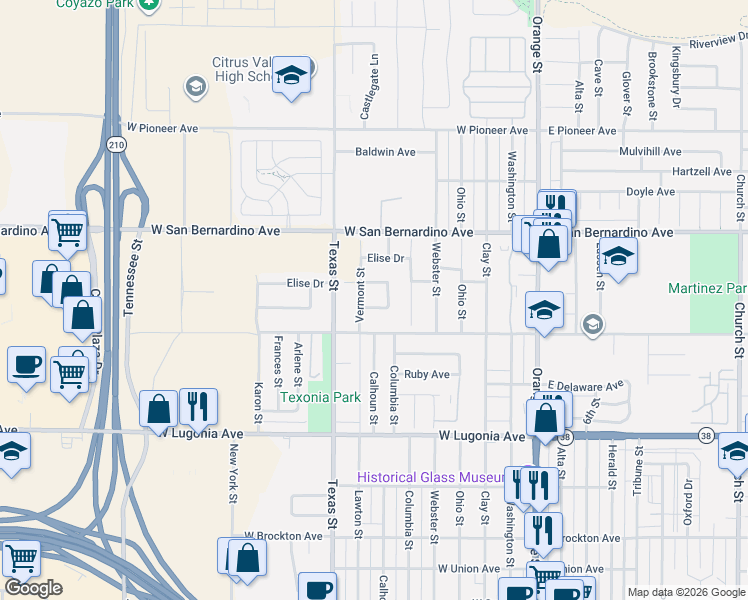 map of restaurants, bars, coffee shops, grocery stores, and more near 1505 Canterbury Circle in Redlands