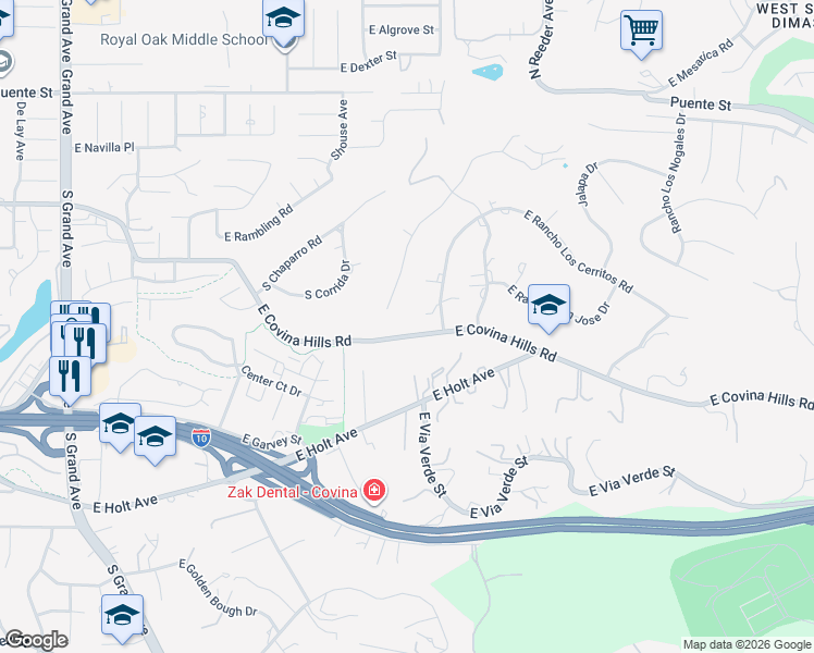 map of restaurants, bars, coffee shops, grocery stores, and more near East Covina Hills Road in Covina