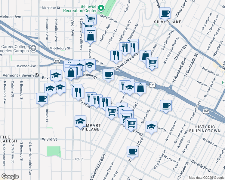 map of restaurants, bars, coffee shops, grocery stores, and more near 246 North Dillon Street in Los Angeles