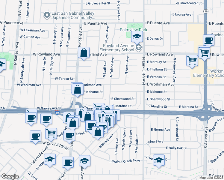 map of restaurants, bars, coffee shops, grocery stores, and more near 1219 East Idahome Street in West Covina