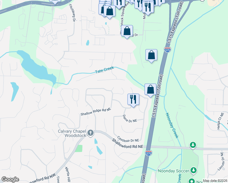map of restaurants, bars, coffee shops, grocery stores, and more near 4972 Shallow Ridge Court Northeast in Kennesaw