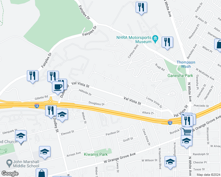 map of restaurants, bars, coffee shops, grocery stores, and more near 1547 McLeod Place in Pomona