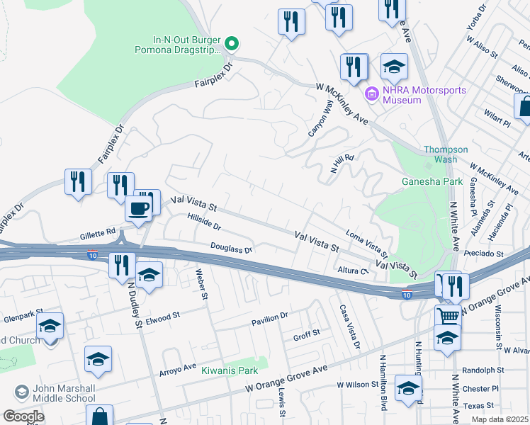 map of restaurants, bars, coffee shops, grocery stores, and more near 1118 Loma Vista Street in Pomona