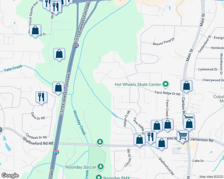 map of restaurants, bars, coffee shops, grocery stores, and more near 362 Farm Place Court Northeast in Woodstock