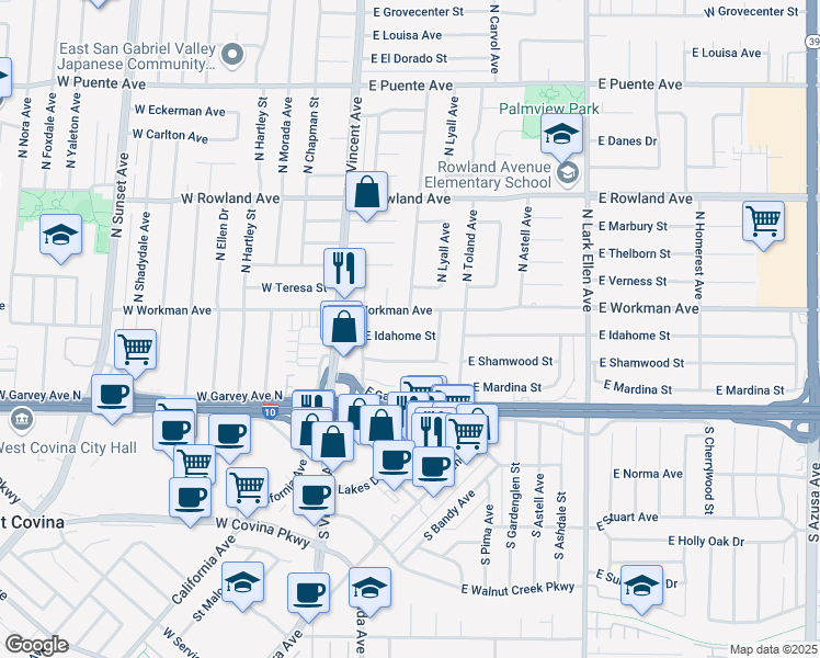 map of restaurants, bars, coffee shops, grocery stores, and more near 1111 East Idahome Street in West Covina