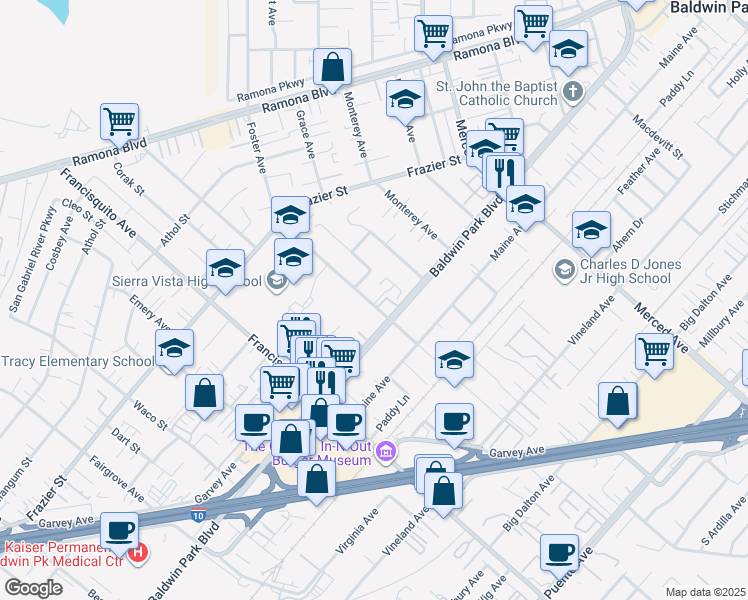 map of restaurants, bars, coffee shops, grocery stores, and more near 3427 Baldwin Park Boulevard in Baldwin Park
