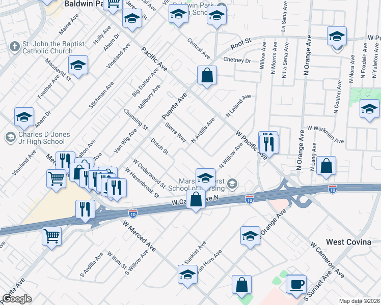 map of restaurants, bars, coffee shops, grocery stores, and more near 2329 West Channing Street in West Covina