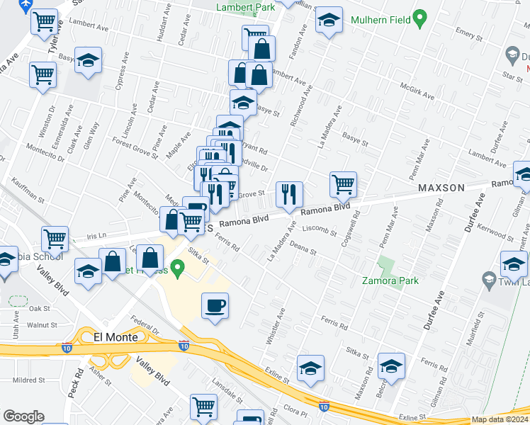 map of restaurants, bars, coffee shops, grocery stores, and more near 11697 Ramona Boulevard in El Monte