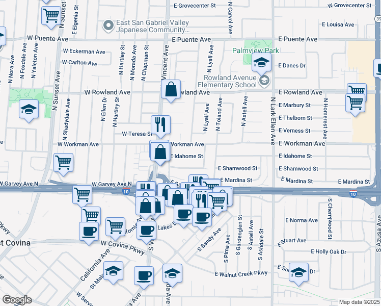 map of restaurants, bars, coffee shops, grocery stores, and more near 1111 East Idahome Street in West Covina